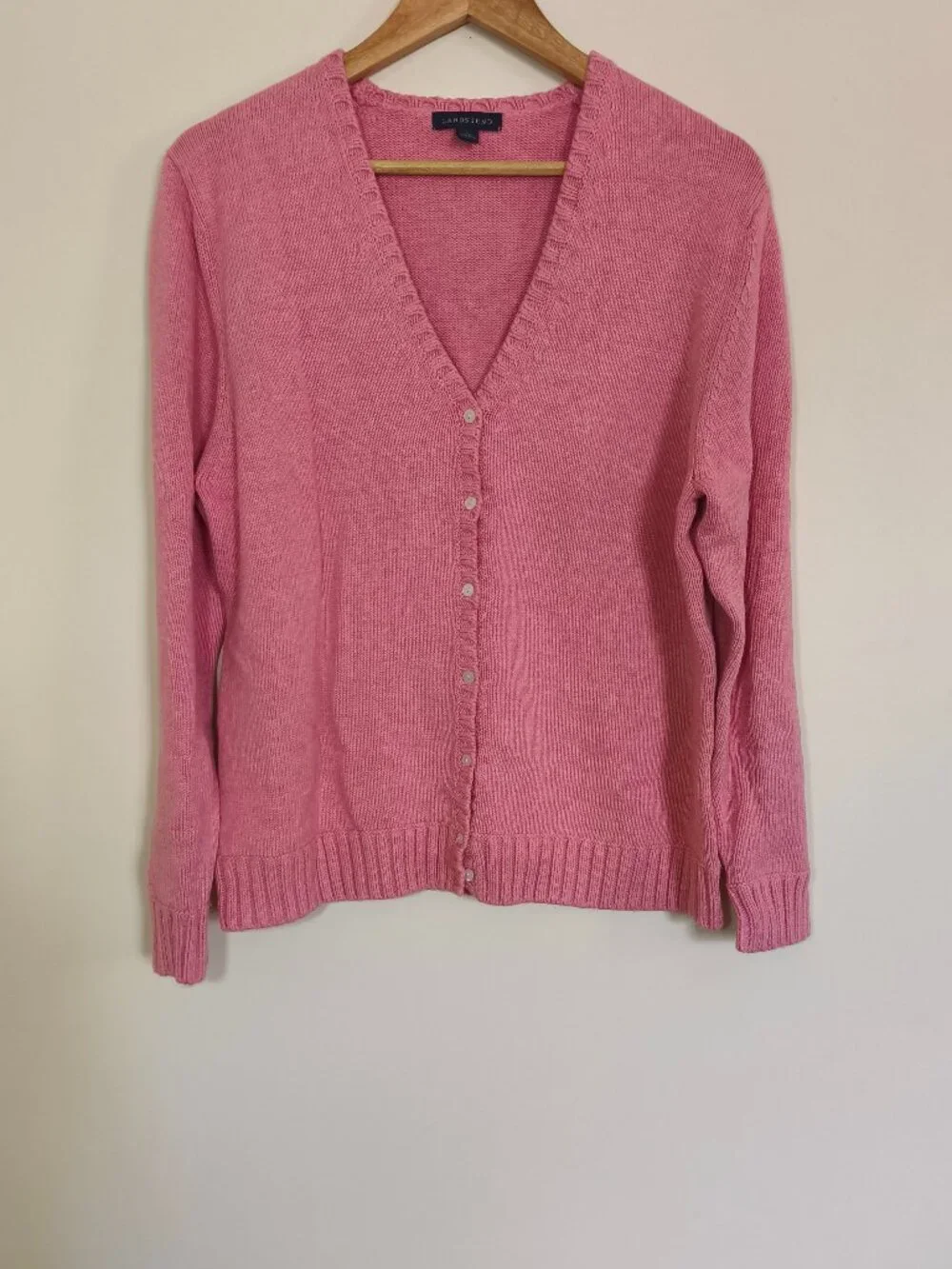 Lands End 100% Cotton V-Neck Button Down Cardigan sz L Pink Preppy Cottagecore
